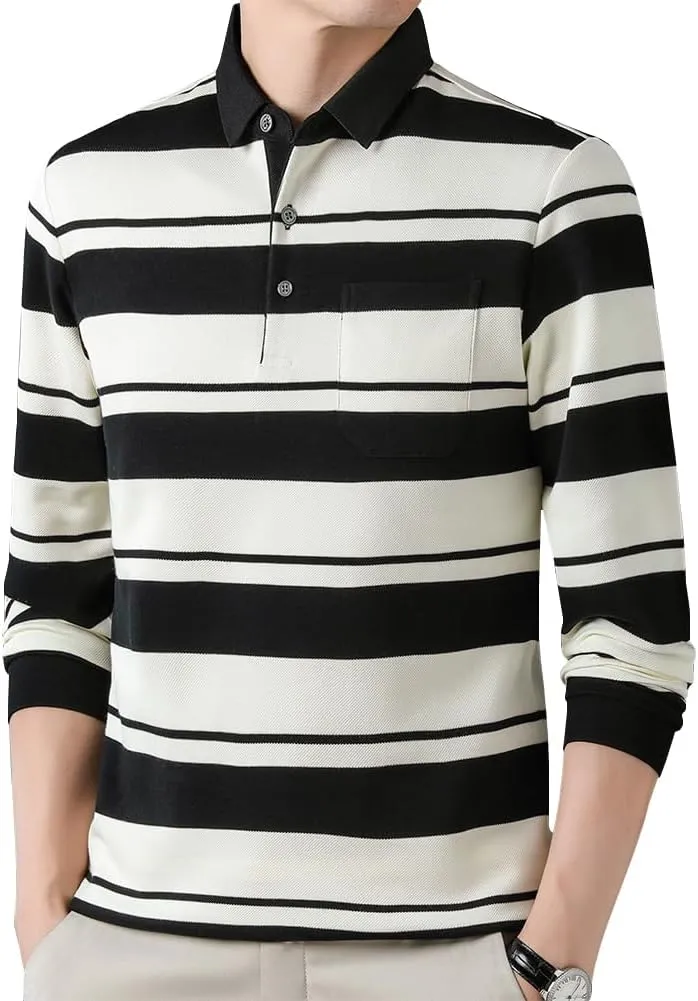 Mens Casual Cotton Blend Striped Long Sleeve Collared T Shirt Polo Shirts