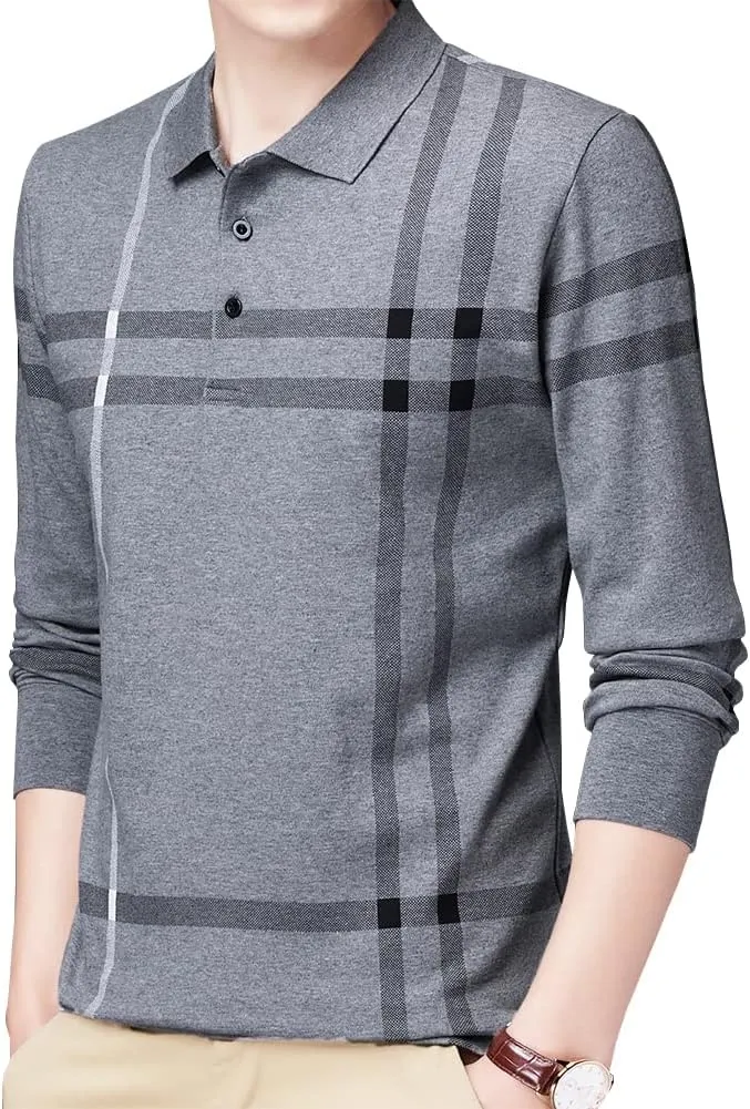 Mens Casual Striped Cotton Long Sleeve Collared T Shirt Polo Shirts