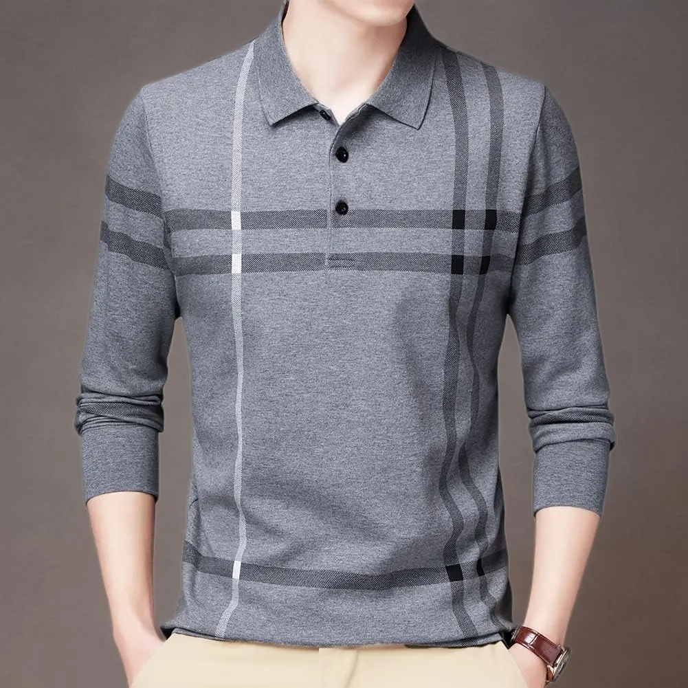 Mens Casual Striped Cotton Long Sleeve Collared T Shirt Polo Shirts