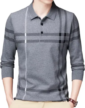 Mens Casual Striped Cotton Long Sleeve Collared T Shirt Polo Shirts