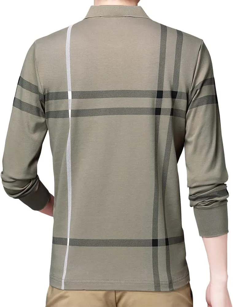 Mens Casual Striped Cotton Long Sleeve Collared T Shirt Polo Shirts