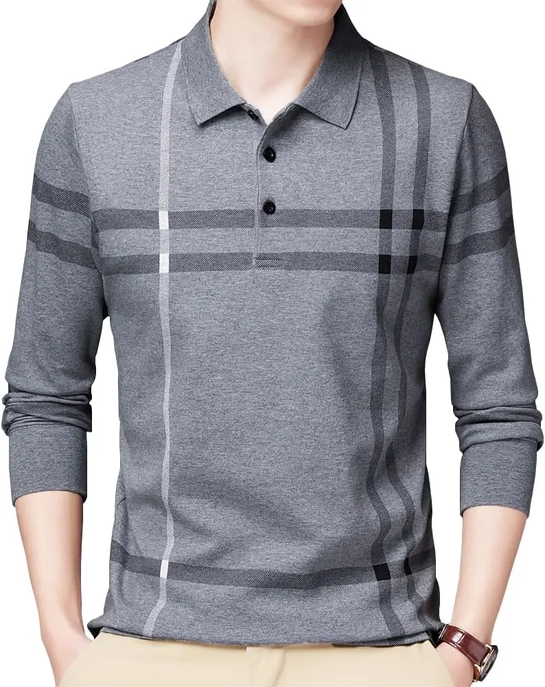 Mens Casual Striped Cotton Long Sleeve Collared T Shirt Polo Shirts