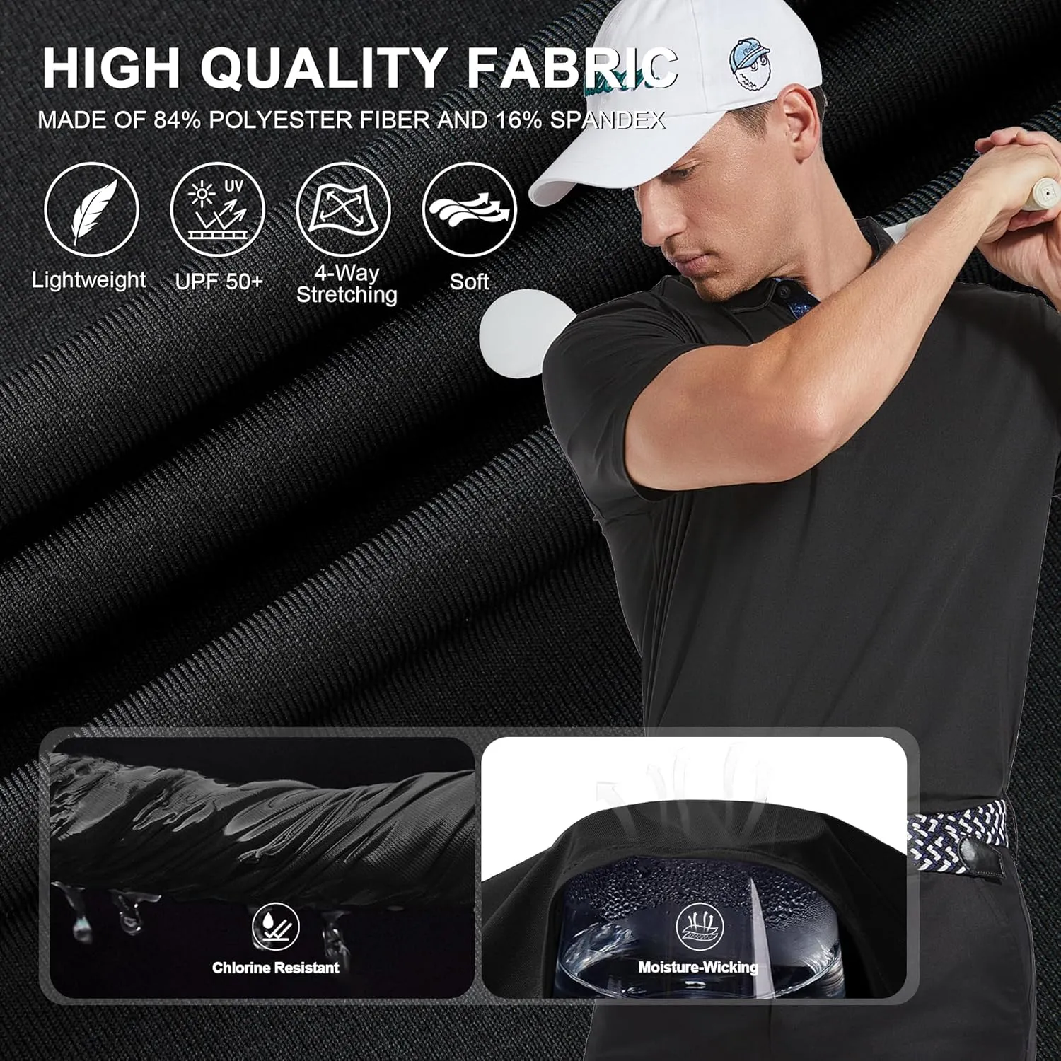Mens Golf Polo Shirt Moisture Wicking Dry Fit Performance Sport Pin Striped Short Sleeve Golf Shirts for Men