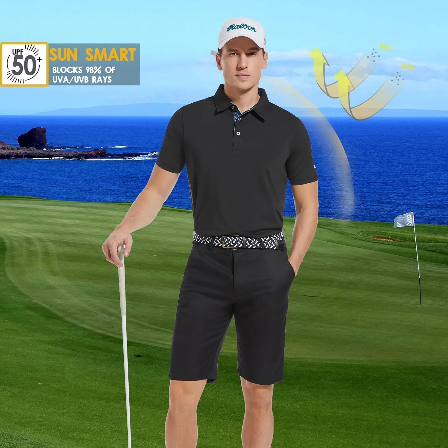 Mens Golf Polo Shirt Moisture Wicking Dry Fit Performance Sport Pin Striped Short Sleeve Golf Shirts for Men