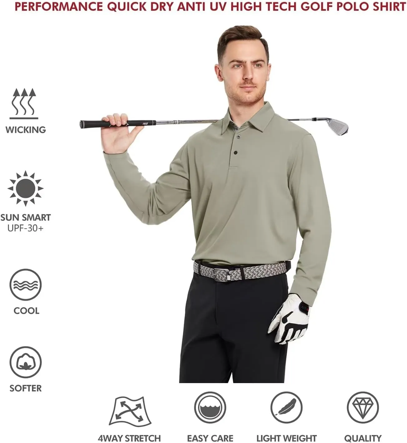 Mens Golf Shirt Short and Long Sleeve Moisture Wicking Dry Fit Performance Solid Casual Pique Golf Polo Shirts for Men