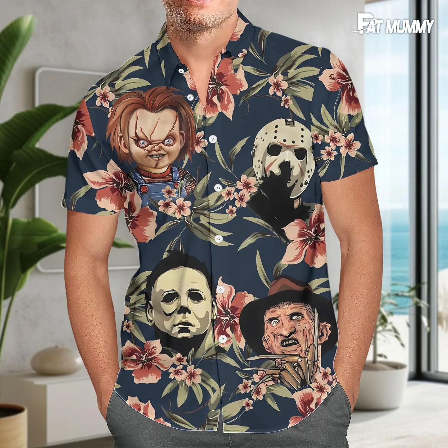 Mens Halloween Hawaiian Shirt, Horror Friends Shirts for Men Women Short Sleeve