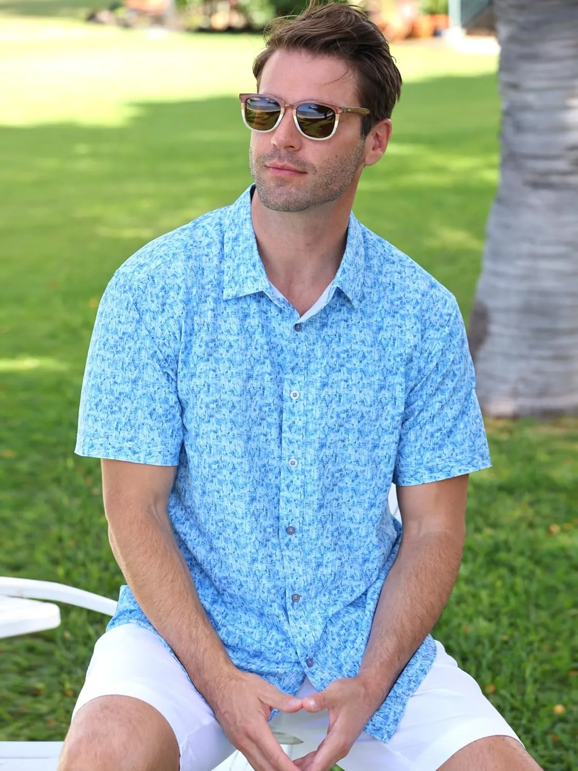 Mens Hawaiian Shirt Tropical Stretch Short Sleeve, Casual Button-Down Shirts