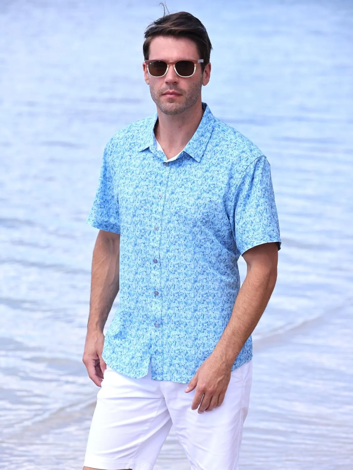 Mens Hawaiian Shirt Tropical Stretch Short Sleeve, Casual Button-Down Shirts