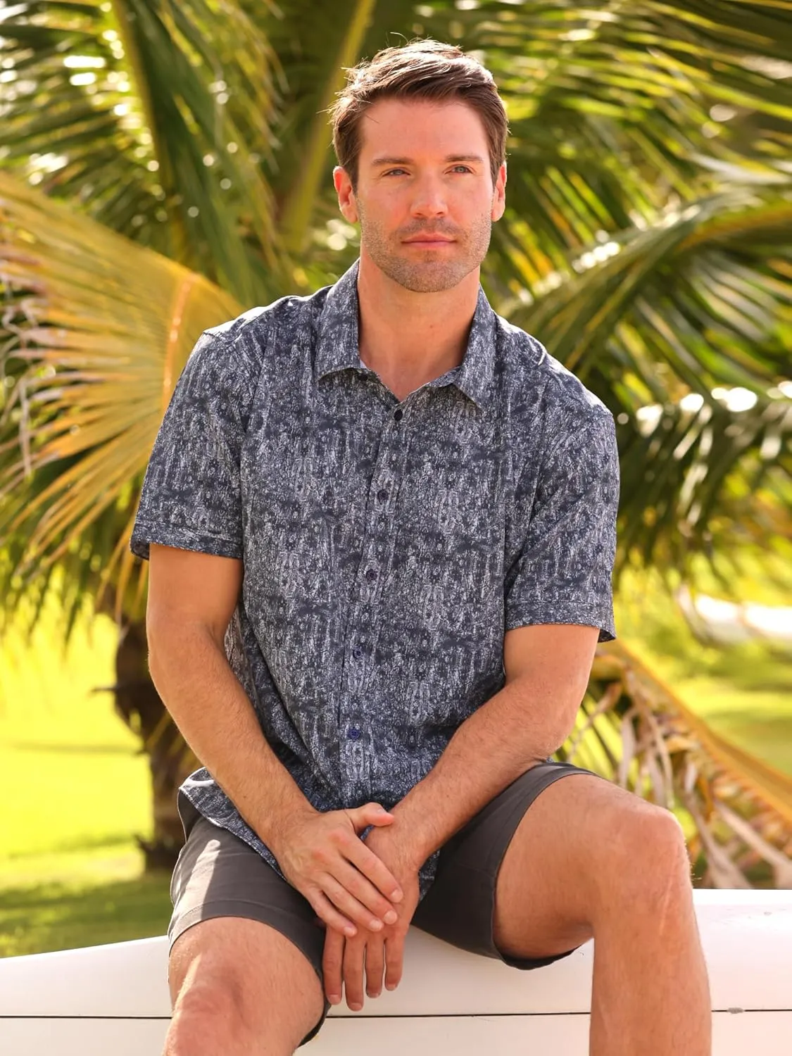 Mens Hawaiian Shirt Tropical Stretch Short Sleeve, Casual Button-Down Shirts