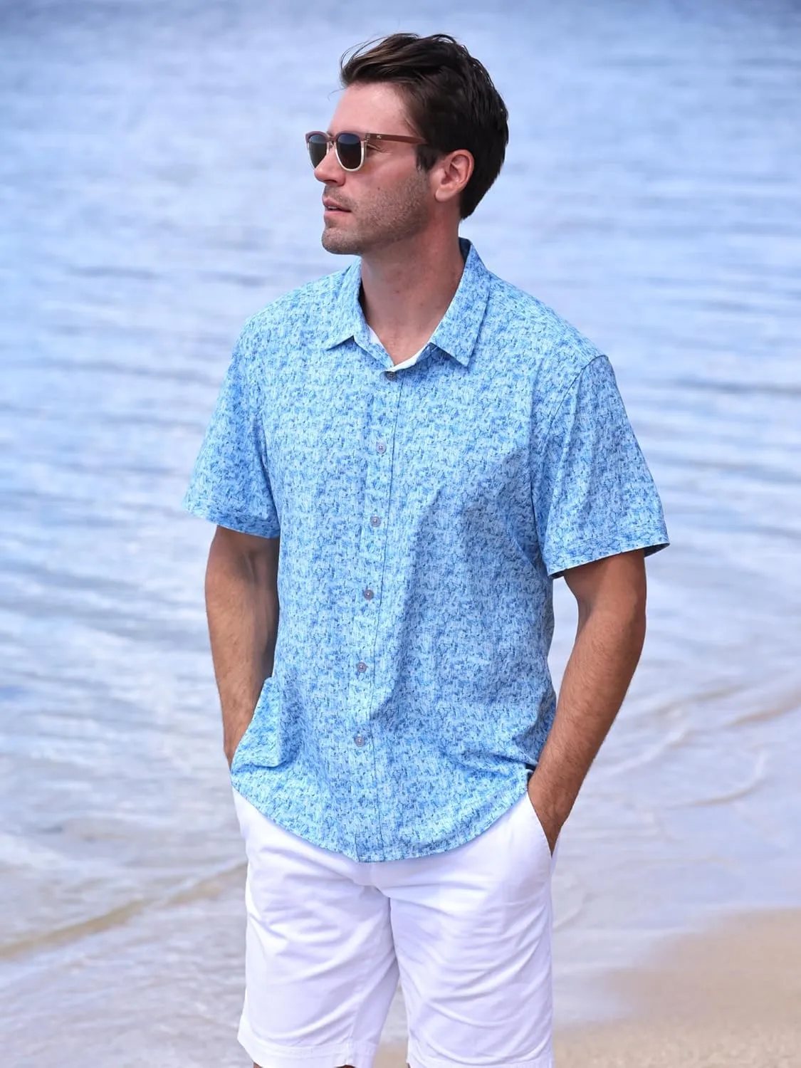 Mens Hawaiian Shirt Tropical Stretch Short Sleeve, Casual Button-Down Shirts