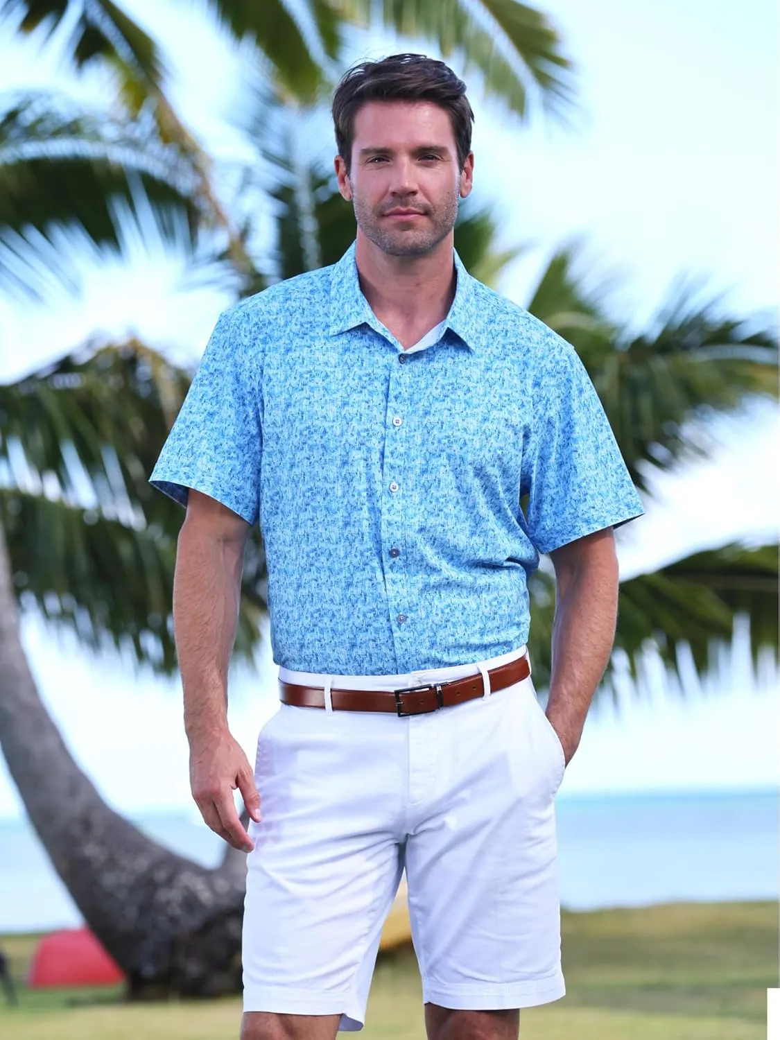 Mens Hawaiian Shirt Tropical Stretch Short Sleeve, Casual Button-Down Shirts