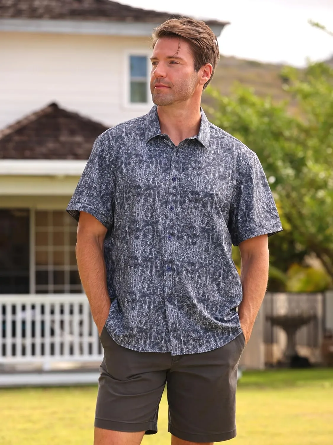 Mens Hawaiian Shirt Tropical Stretch Short Sleeve, Casual Button-Down Shirts