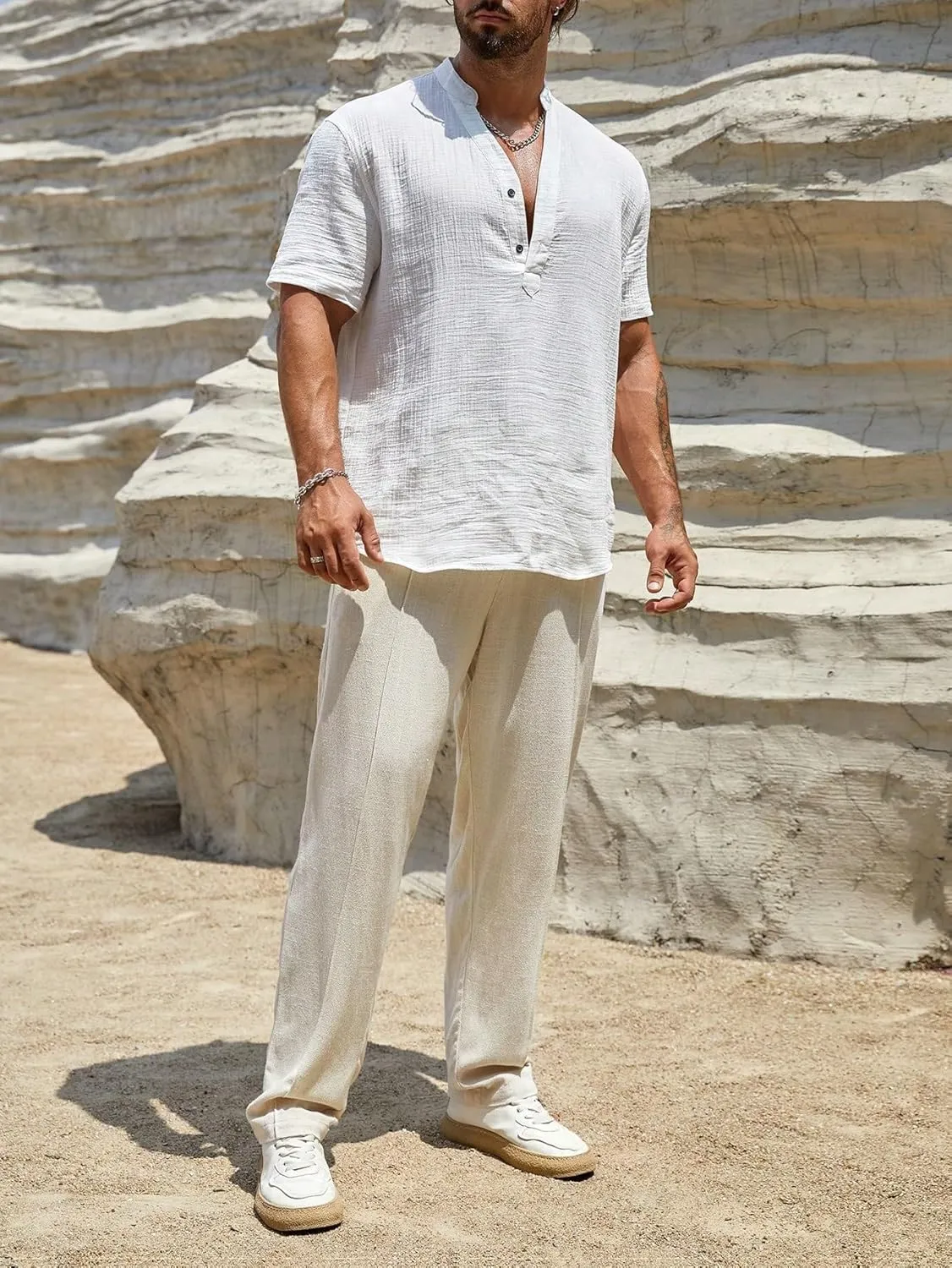 Men's Linen Shirts Notched V Neck Short Sleeve Henley Shirt Beach Vacation Tops
