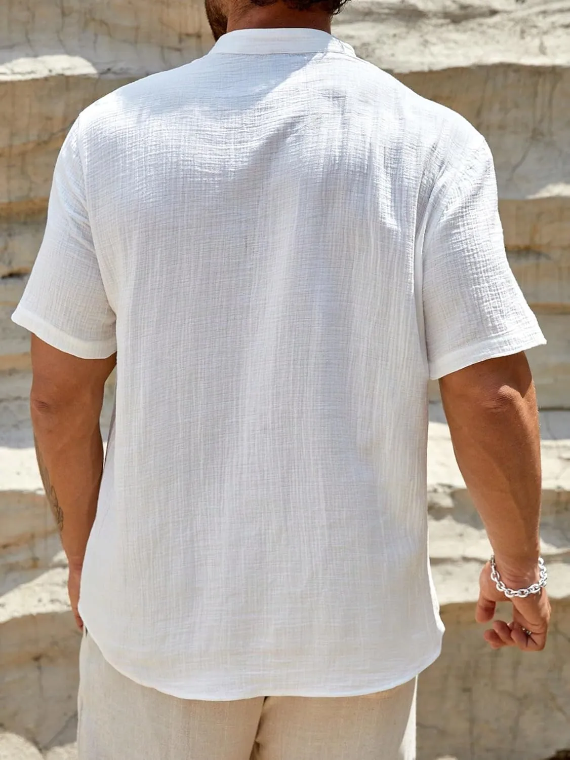 Men's Linen Shirts Notched V Neck Short Sleeve Henley Shirt Beach Vacation Tops