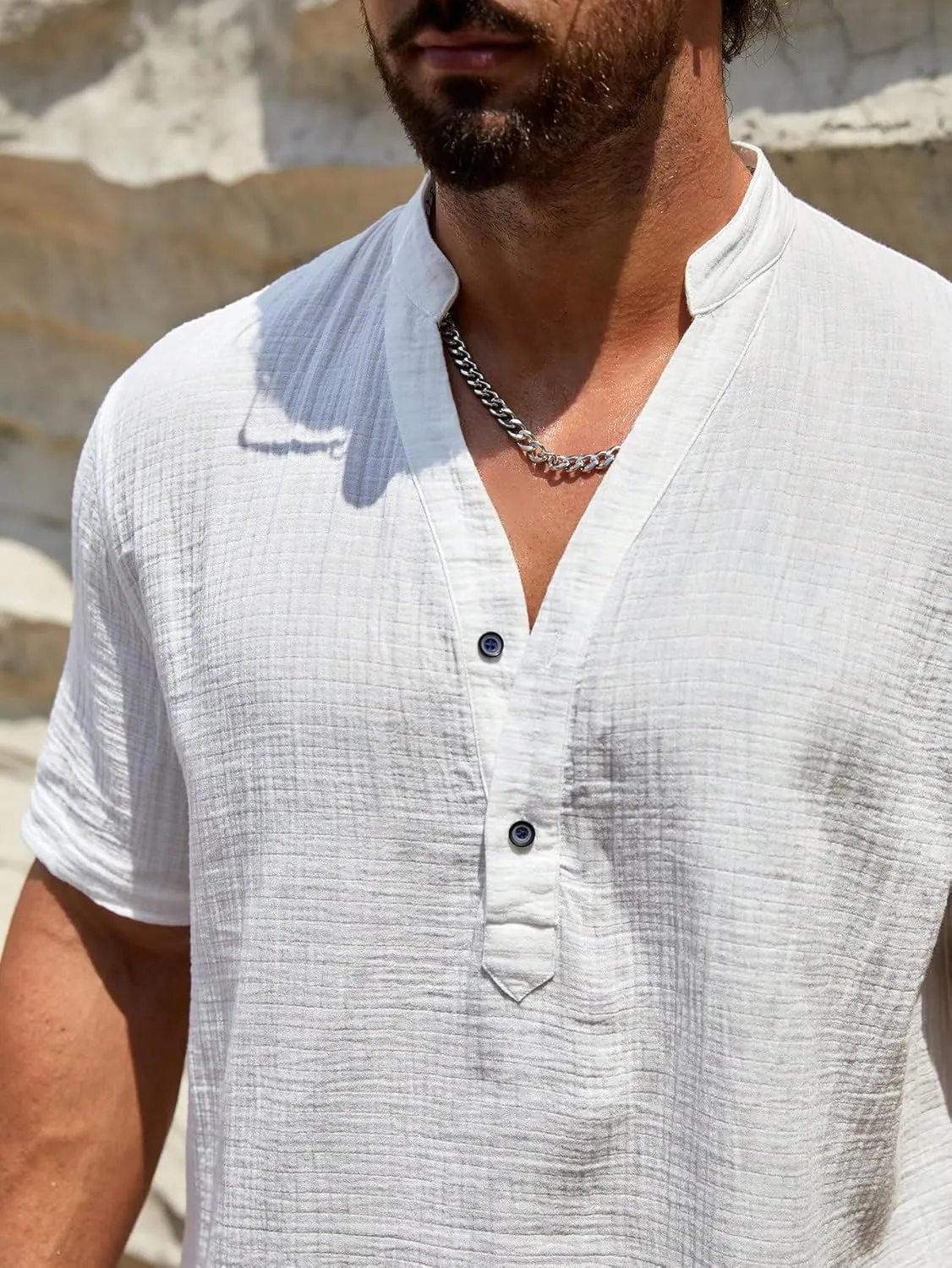 Men's Linen Shirts Notched V Neck Short Sleeve Henley Shirt Beach Vacation Tops