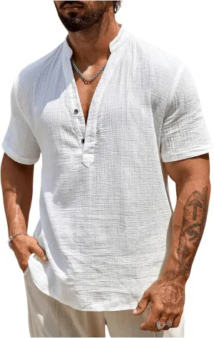 Men's Linen Shirts Notched V Neck Short Sleeve Henley Shirt Beach Vacation Tops
