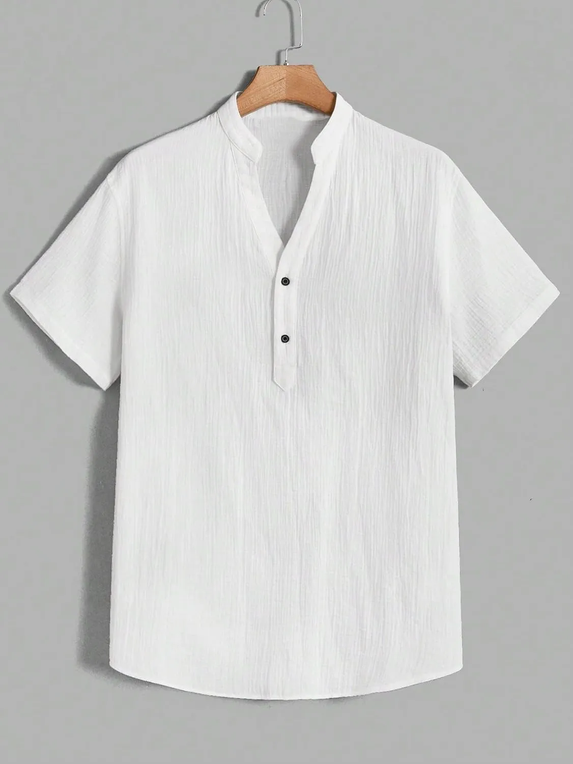 Men's Linen Shirts Notched V Neck Short Sleeve Henley Shirt Beach Vacation Tops