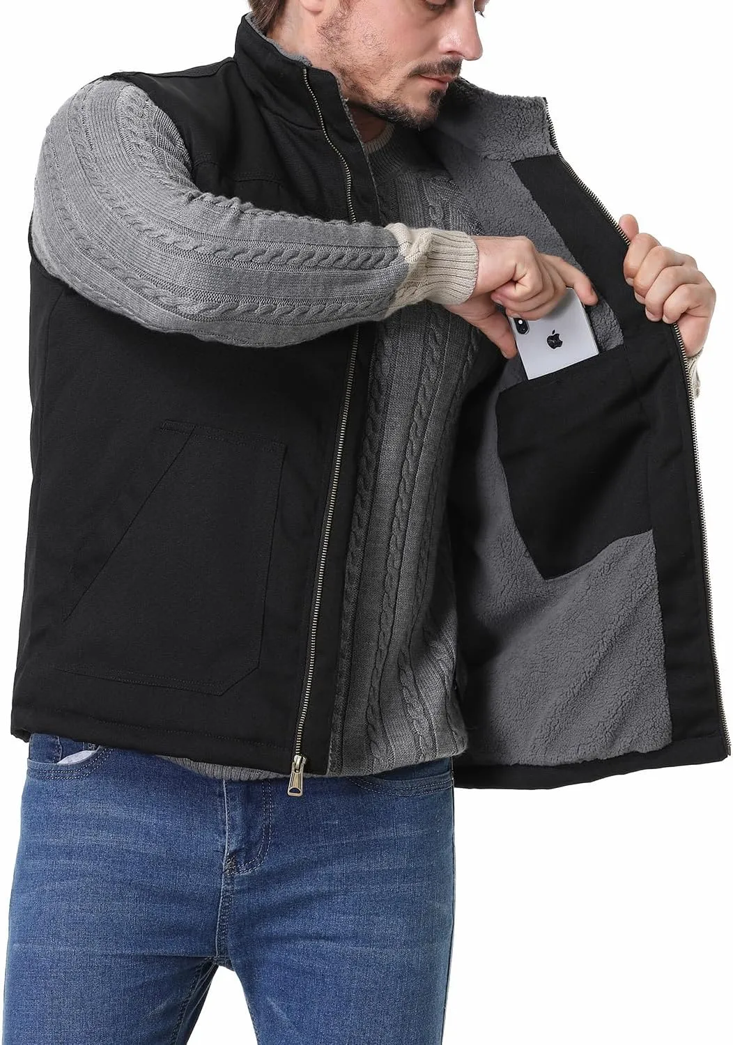 Men's Loose Fit Workwear Vest Fleece-Lined Durability Waterproof Mock-Neck Vest