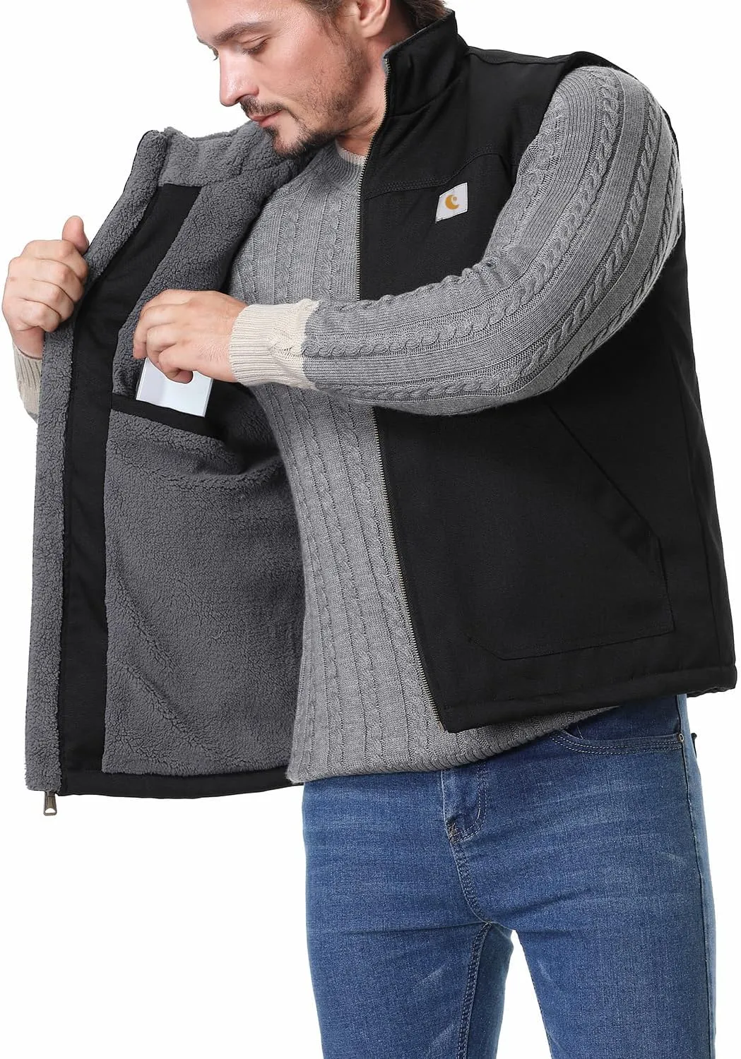 Men's Loose Fit Workwear Vest Fleece-Lined Durability Waterproof Mock-Neck Vest