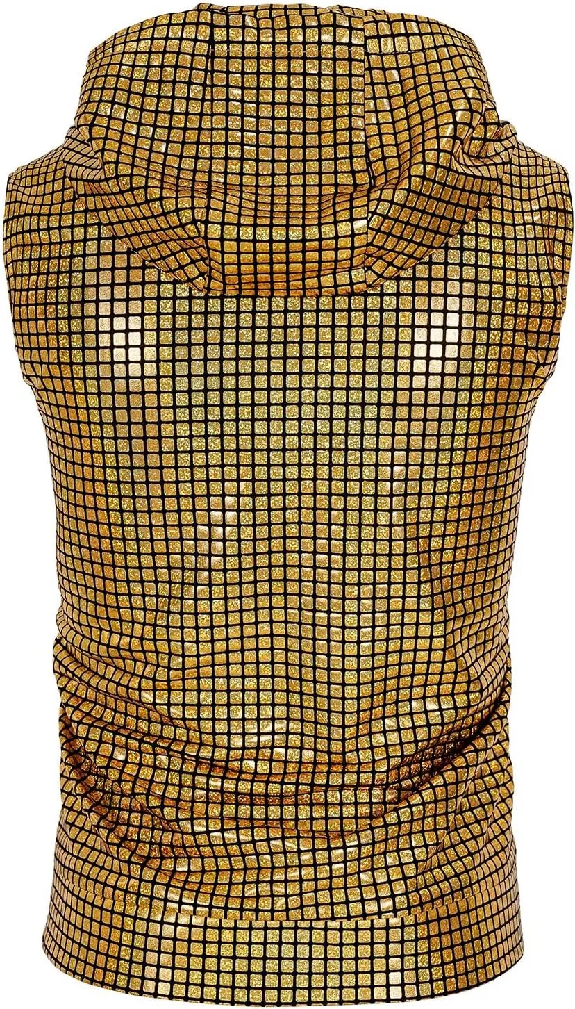 Men's Sequins Sleeveless Hooded Vest Disco Zippered Shirts 70s Disco Party Costume