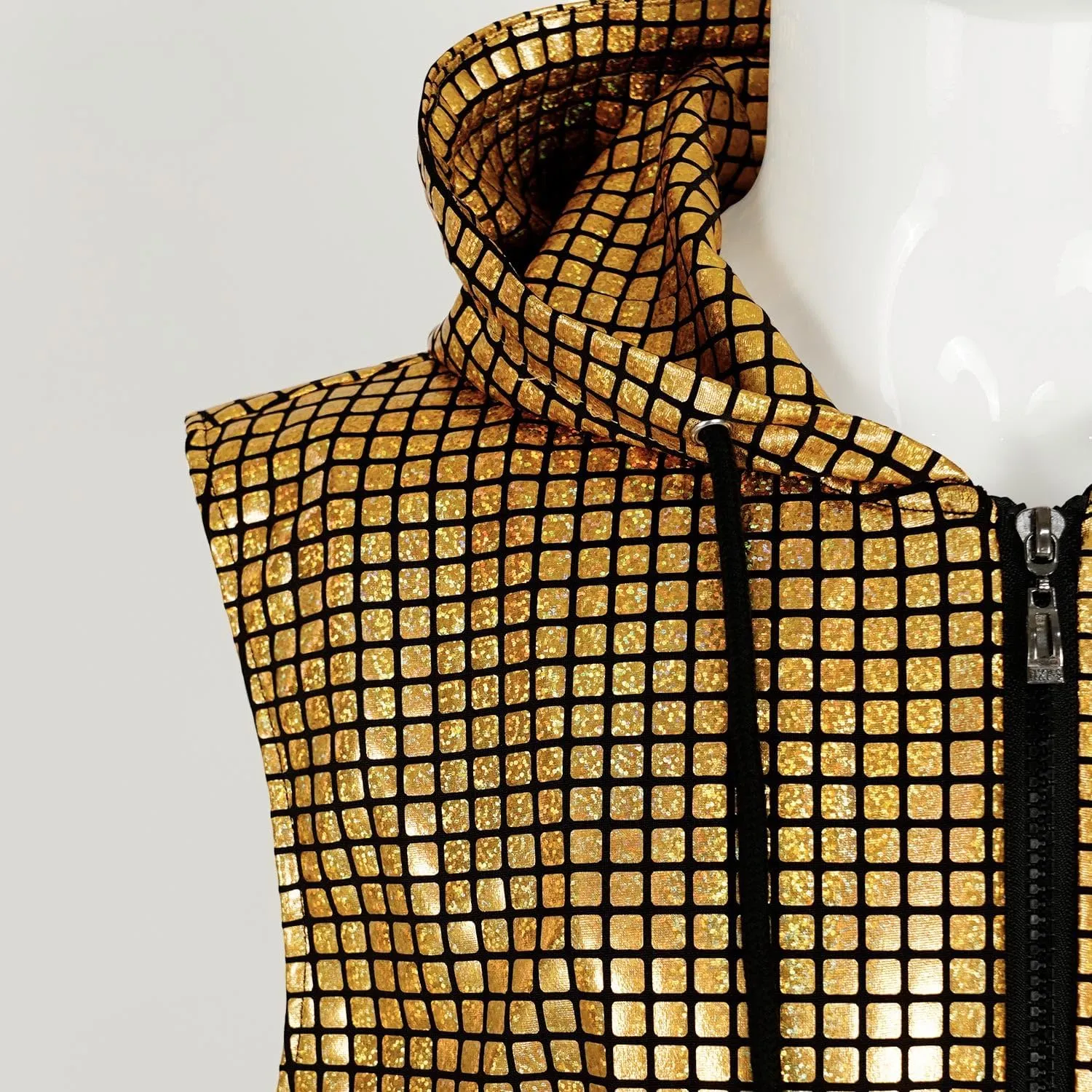 Men's Sequins Sleeveless Hooded Vest Disco Zippered Shirts 70s Disco Party Costume