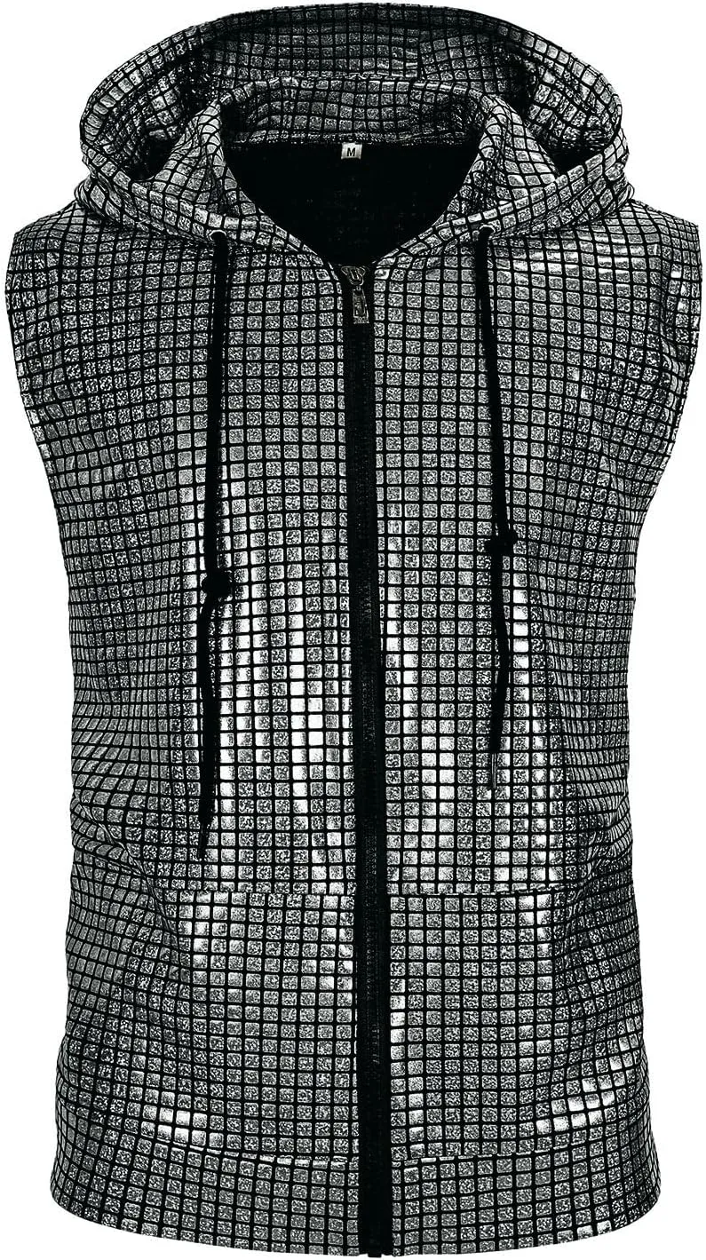 Men's Sequins Sleeveless Hooded Vest Disco Zippered Shirts 70s Disco Party Costume