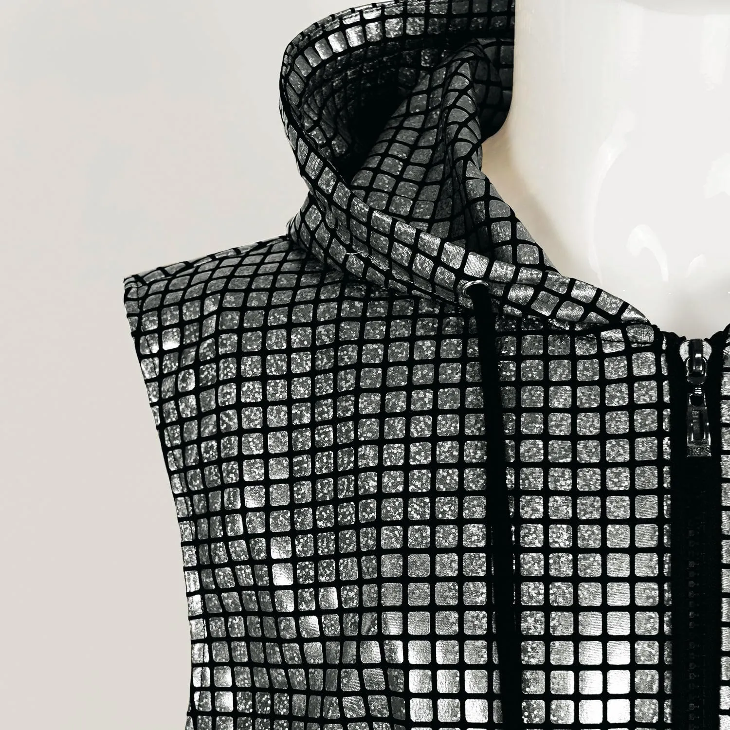 Men's Sequins Sleeveless Hooded Vest Disco Zippered Shirts 70s Disco Party Costume
