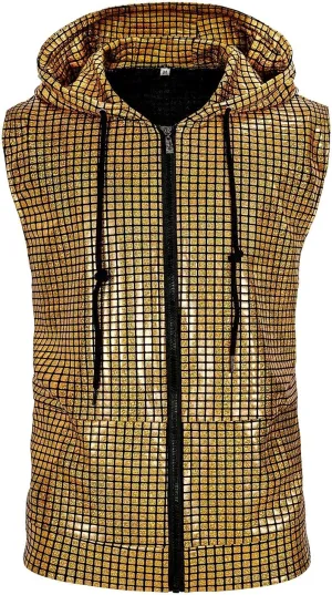 Men's Sequins Sleeveless Hooded Vest Disco Zippered Shirts 70s Disco Party Costume