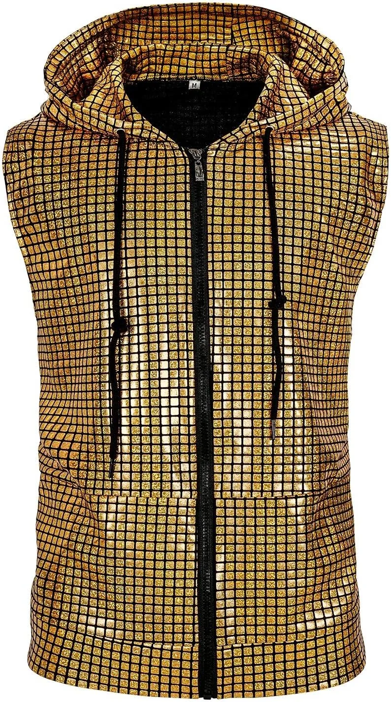 Men's Sequins Sleeveless Hooded Vest Disco Zippered Shirts 70s Disco Party Costume