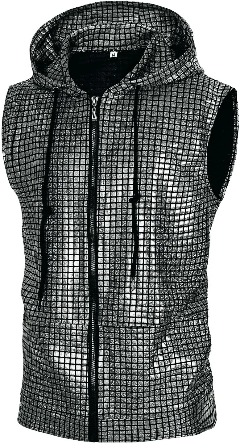 Men's Sequins Sleeveless Hooded Vest Disco Zippered Shirts 70s Disco Party Costume