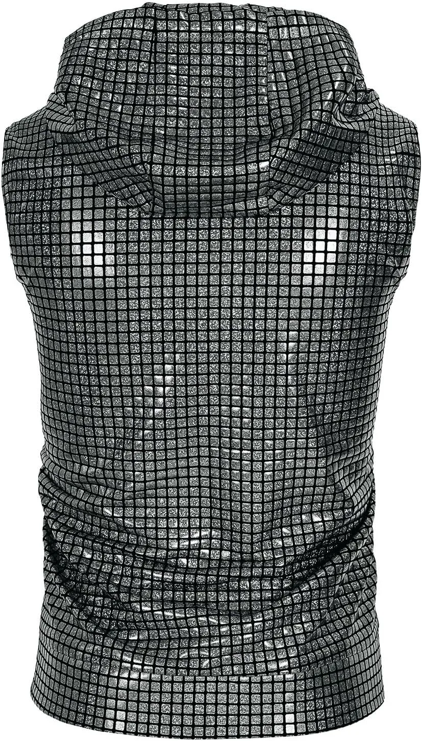 Men's Sequins Sleeveless Hooded Vest Disco Zippered Shirts 70s Disco Party Costume