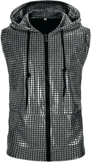 Men's Sequins Sleeveless Hooded Vest Disco Zippered Shirts 70s Disco Party Costume