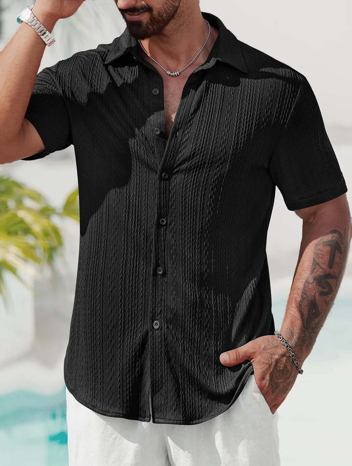 Mens Summer Textured Shirts Short Sleeve Casual Button Down Shirt Beach Vacation Tops (S-XXL)