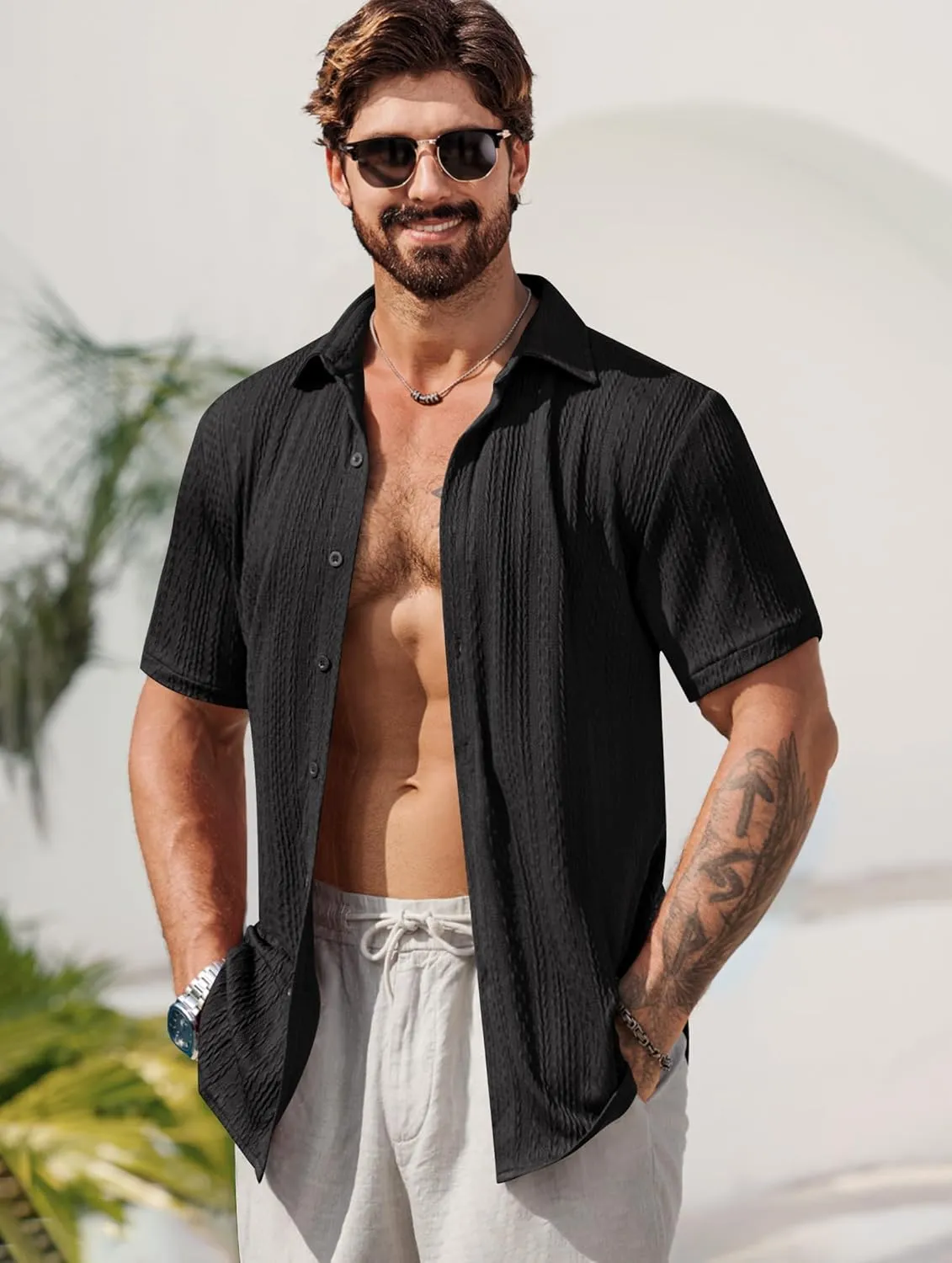 Mens Summer Textured Shirts Short Sleeve Casual Button Down Shirt Beach Vacation Tops (S-XXL)