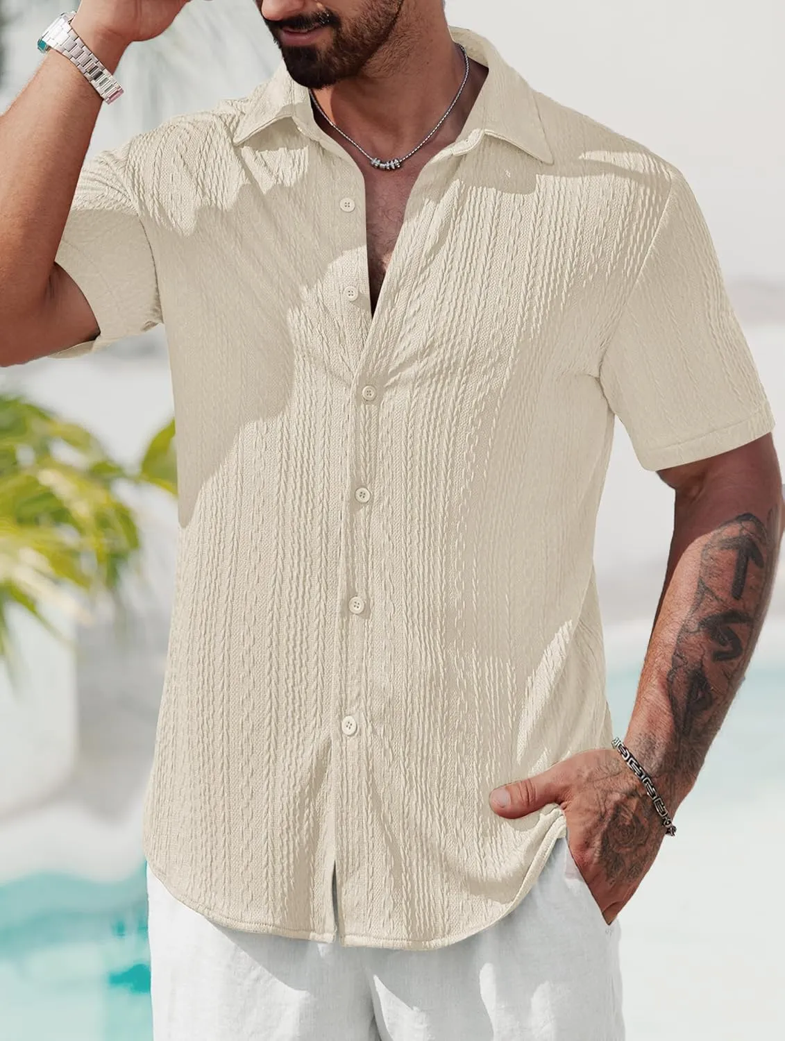 Mens Summer Textured Shirts Short Sleeve Casual Button Down Shirt Beach Vacation Tops (S-XXL)