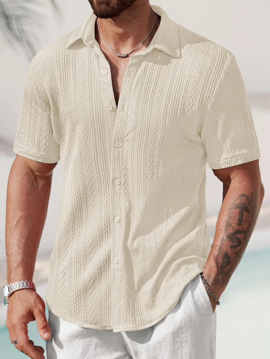 Mens Summer Textured Shirts Short Sleeve Casual Button Down Shirt Beach Vacation Tops (S-XXL)