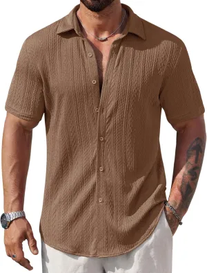 Mens Summer Textured Shirts Short Sleeve Casual Button Down Shirt Beach Vacation Tops (S-XXL)
