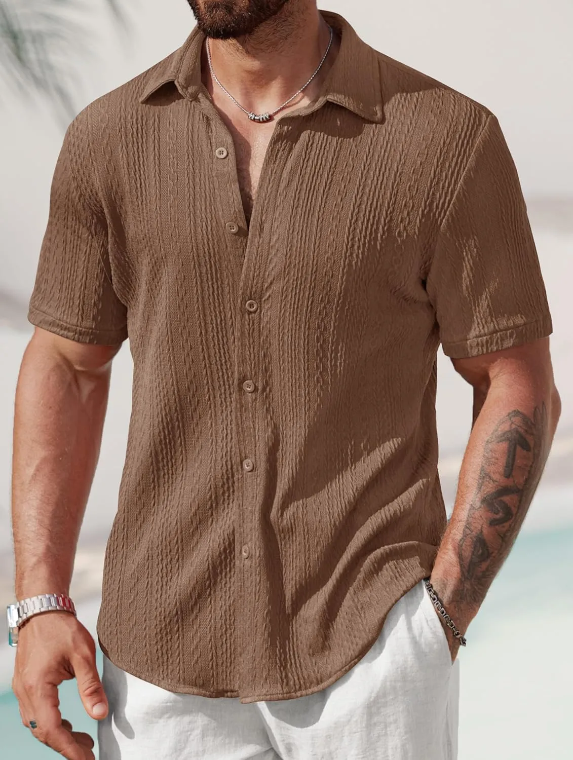 Mens Summer Textured Shirts Short Sleeve Casual Button Down Shirt Beach Vacation Tops (S-XXL)