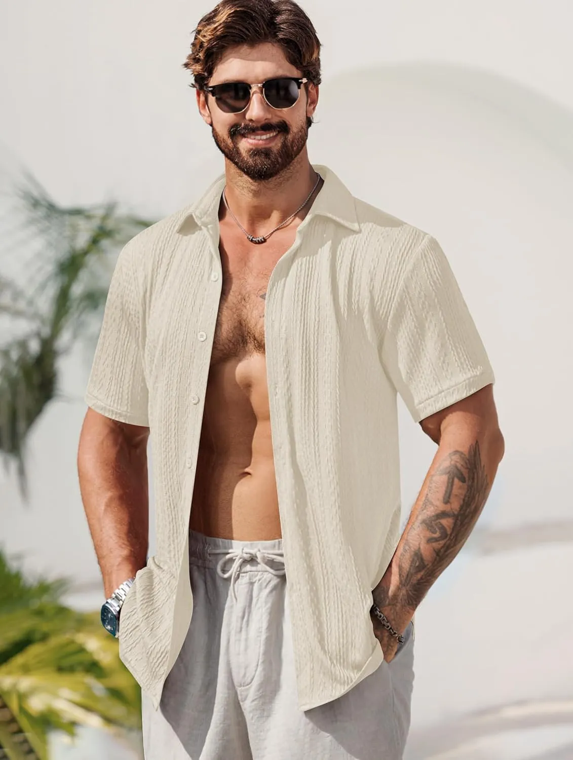 Mens Summer Textured Shirts Short Sleeve Casual Button Down Shirt Beach Vacation Tops (S-XXL)