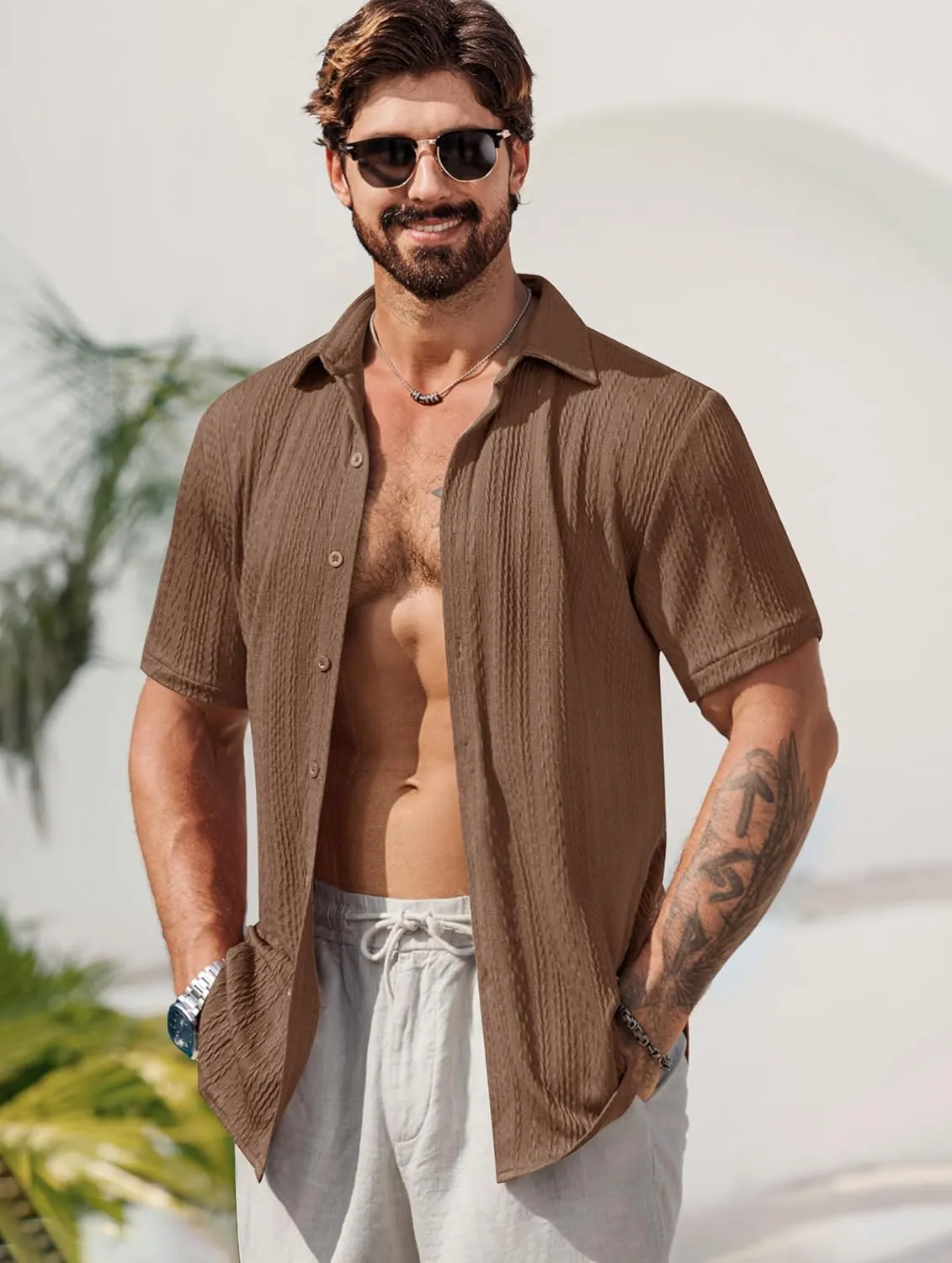 Mens Summer Textured Shirts Short Sleeve Casual Button Down Shirt Beach Vacation Tops (S-XXL)