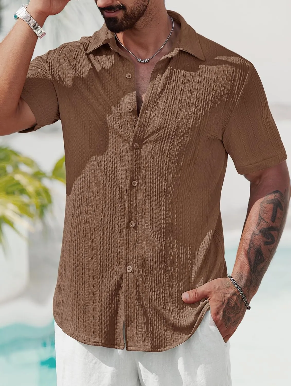 Mens Summer Textured Shirts Short Sleeve Casual Button Down Shirt Beach Vacation Tops (S-XXL)