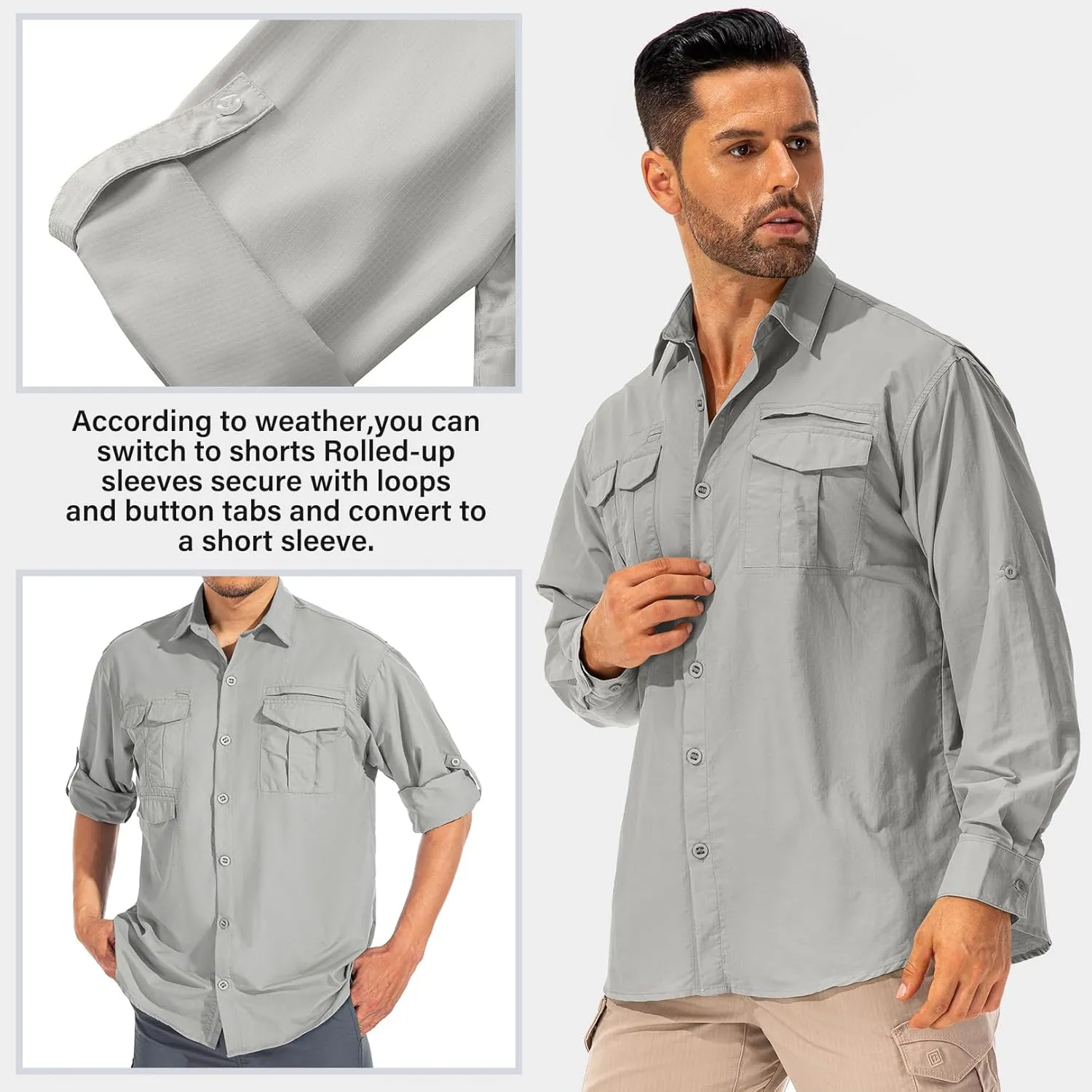 Men's Sun Protection Hiking Fishing Safari Shirt Long Sleeve Outdoor Cool Quick Dry Cargo Shirts