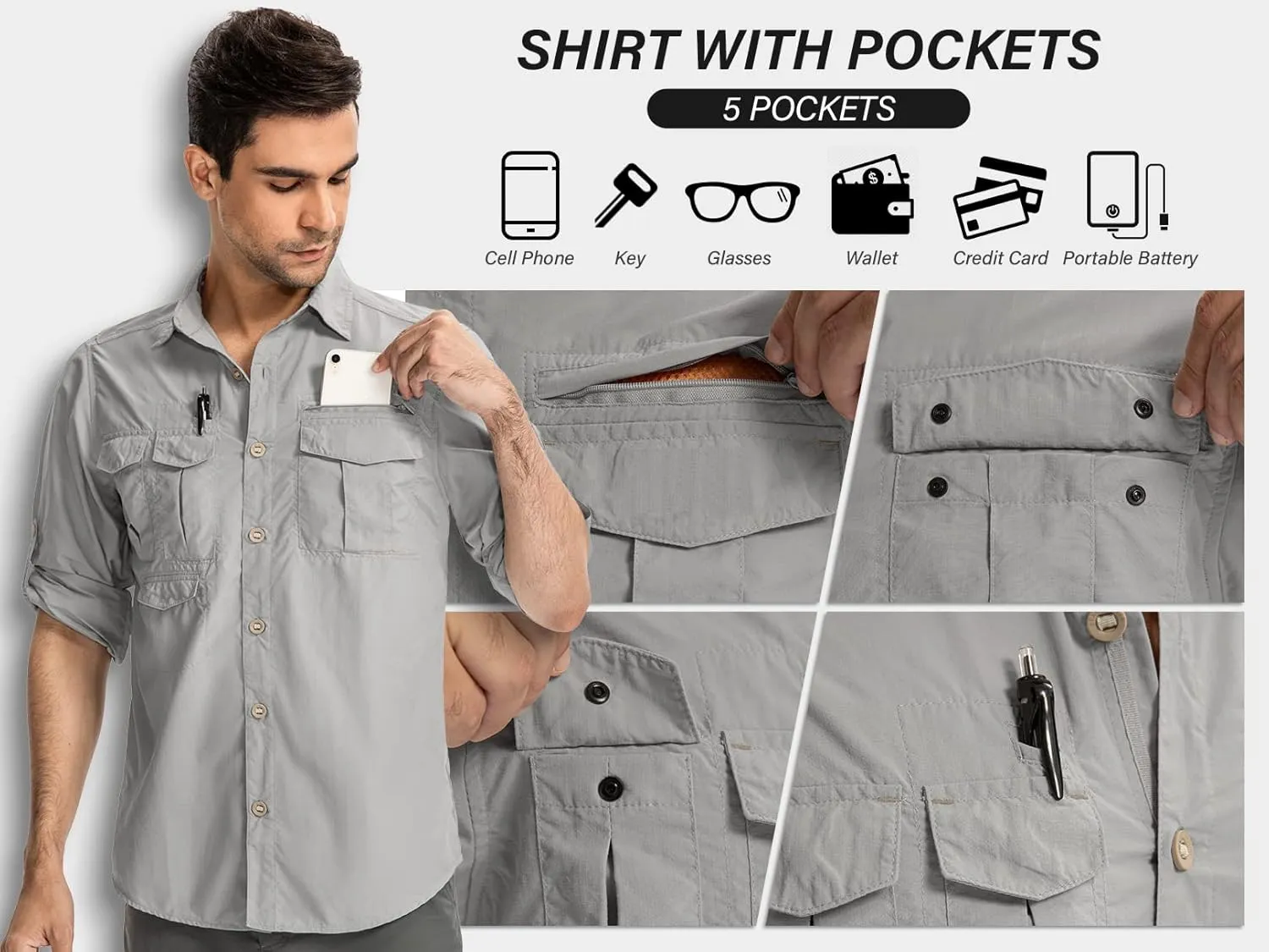 Men's Sun Protection Hiking Fishing Safari Shirt Long Sleeve Outdoor Cool Quick Dry Cargo Shirts