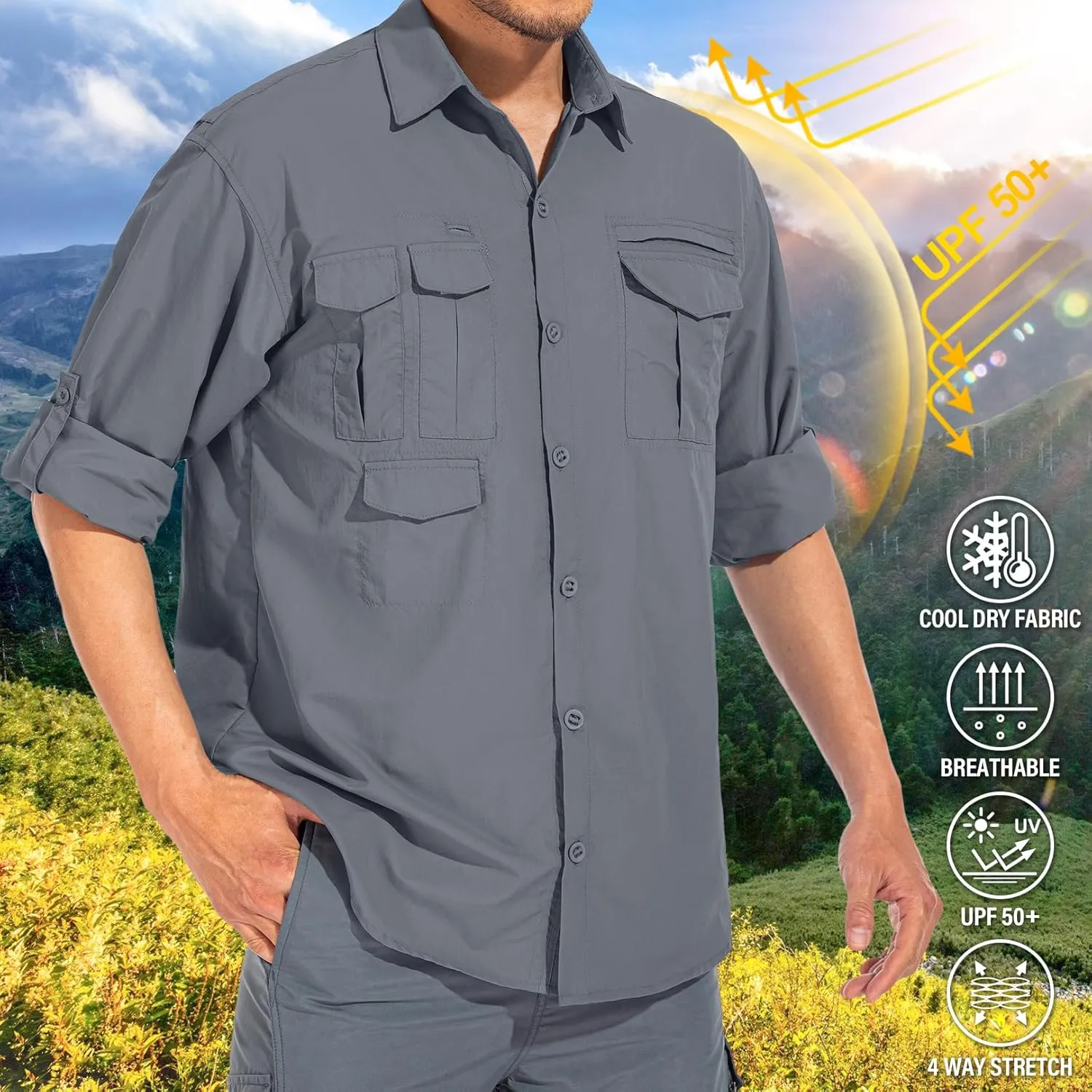 Men's Sun Protection Hiking Fishing Safari Shirt Long Sleeve Outdoor Cool Quick Dry Cargo Shirts