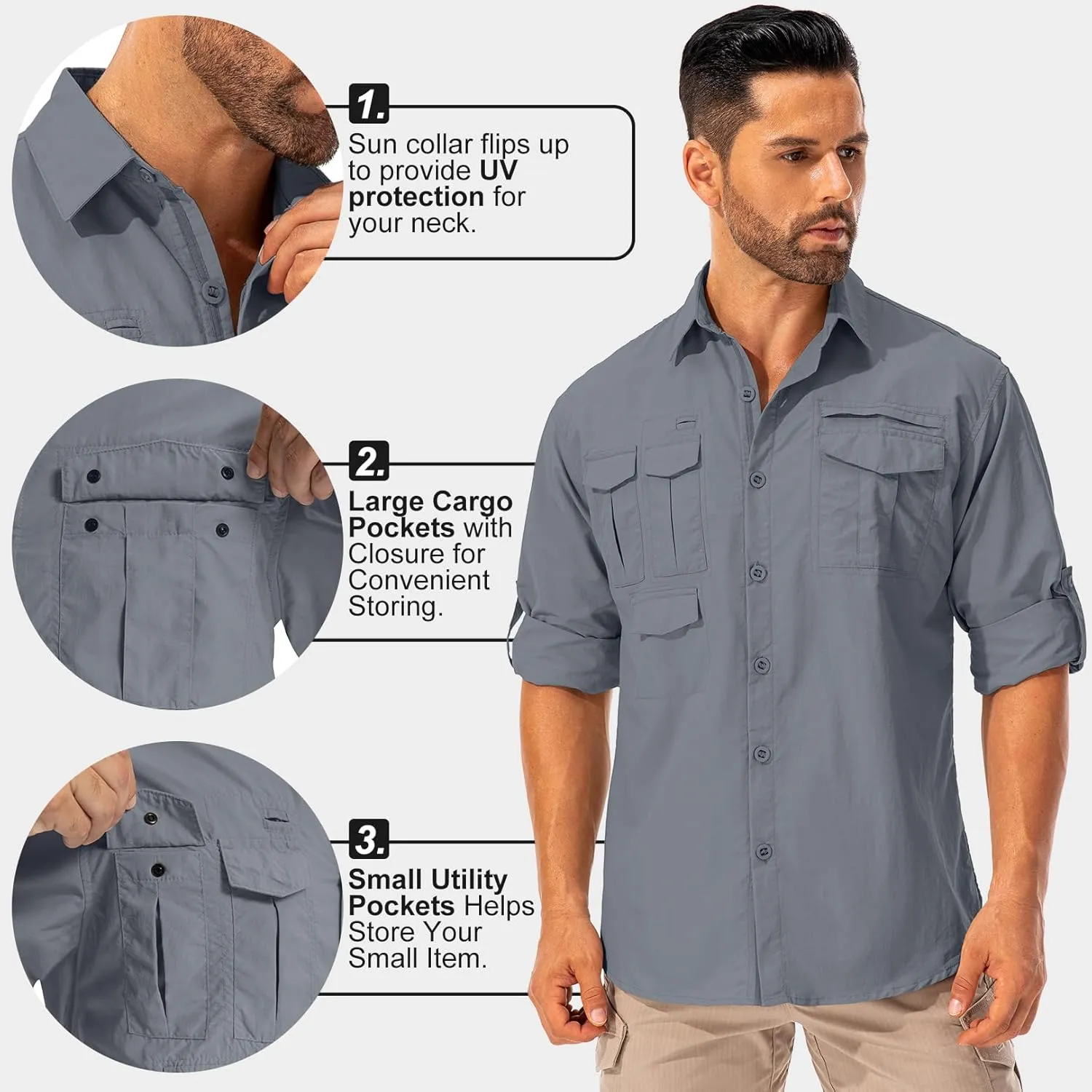 Men's Sun Protection Hiking Fishing Safari Shirt Long Sleeve Outdoor Cool Quick Dry Cargo Shirts