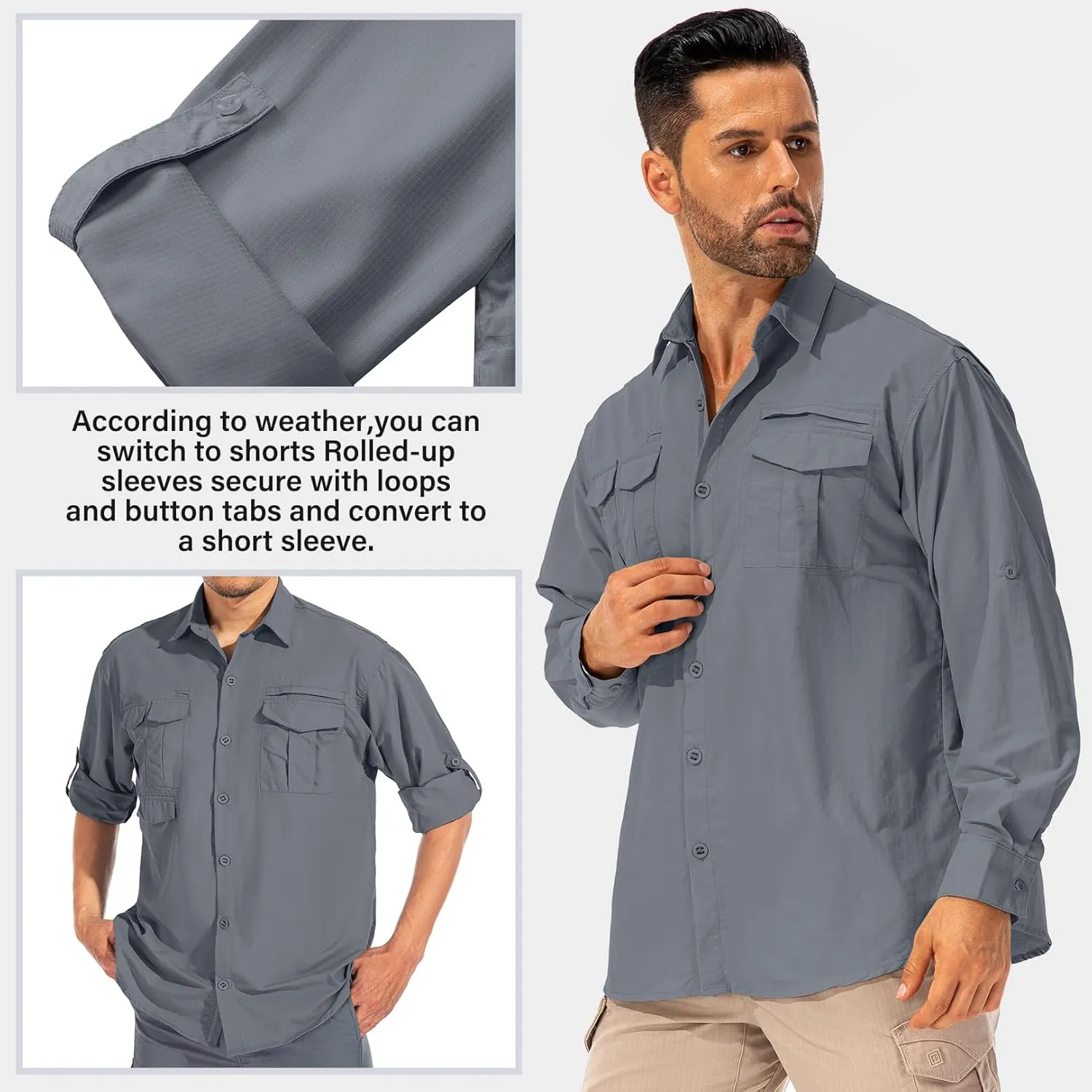 Men's Sun Protection Hiking Fishing Safari Shirt Long Sleeve Outdoor Cool Quick Dry Cargo Shirts