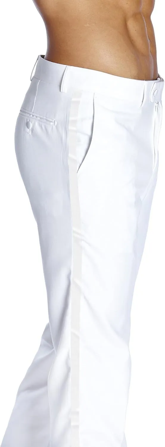 Men's TUXEDO Pants Tux Pant Flat Front Satin Band Stripe Solid Colors