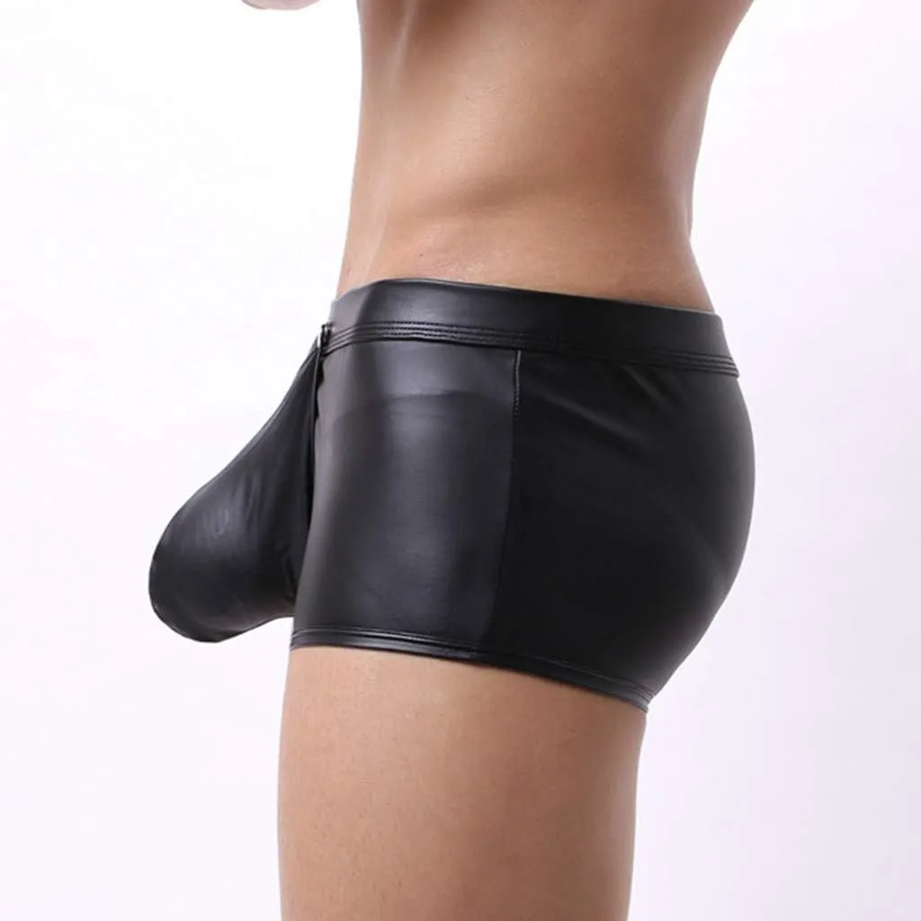 Mens Underwear Boxer Briefs Men's Imitation Leather Underwear Open Front Low Rise Back Slit Black Boxer Underpants