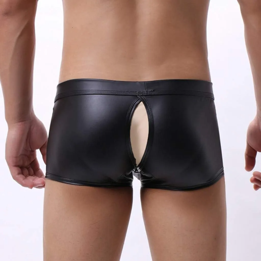 Mens Underwear Boxer Briefs Men's Imitation Leather Underwear Open Front Low Rise Back Slit Black Boxer Underpants