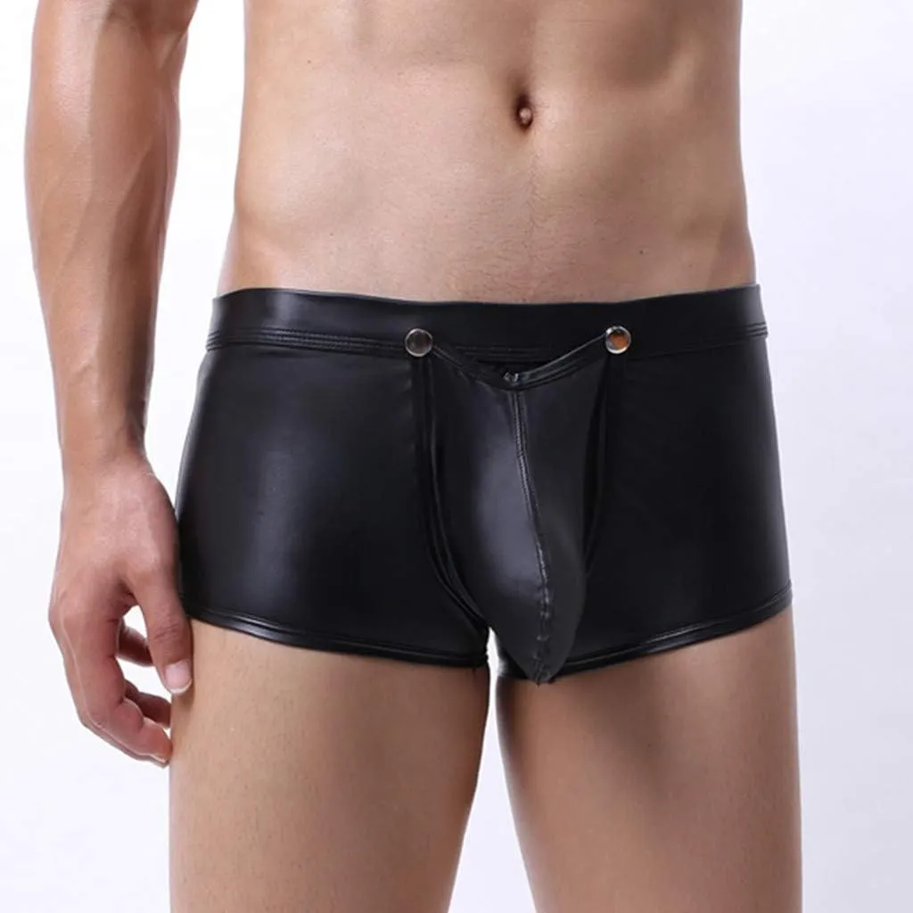 Mens Underwear Boxer Briefs Men's Imitation Leather Underwear Open Front Low Rise Back Slit Black Boxer Underpants